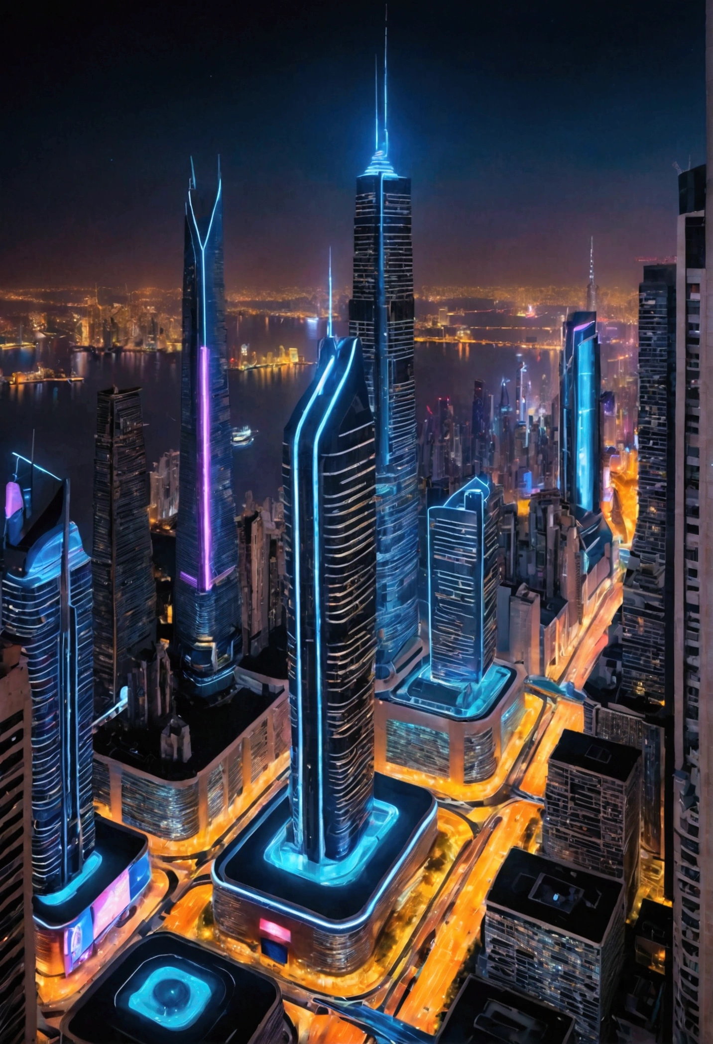 “A breathtaking city of the future at night, with towering skyscrapers made of glass and steel, neon lights, that light up the streets beneath us, street view, glittering, sharp edges'