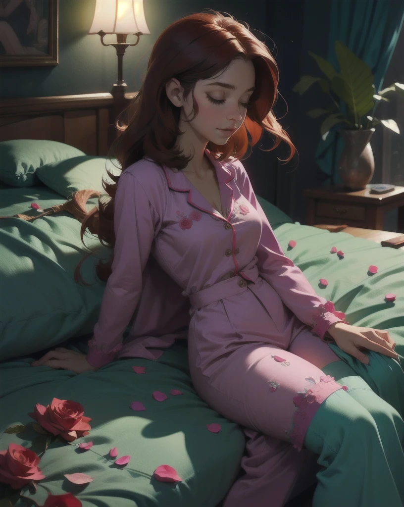 The Sleeping Woman, Realistic, She is dressed in pajamas, red hair color, parallax, Ultra Hyper Mega Contrast, sleeps on a gorgeous bed covered with rose petals, The masterpiece that won the photo contest