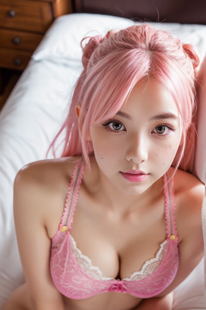 8k, RAW photo, best quality, masterpiece:1.2), (realistic, photo-realistic:1.4), (extremely detailed 8k wallpaper), japanese 20 age woman,Ultra-detailed cute face, Detailed eyes, Double eyelid,lingerie, full body,(topknot, Huge breasts :1.2,(pink hair ),Tears mole),View from above,lying on the bed,cute hair