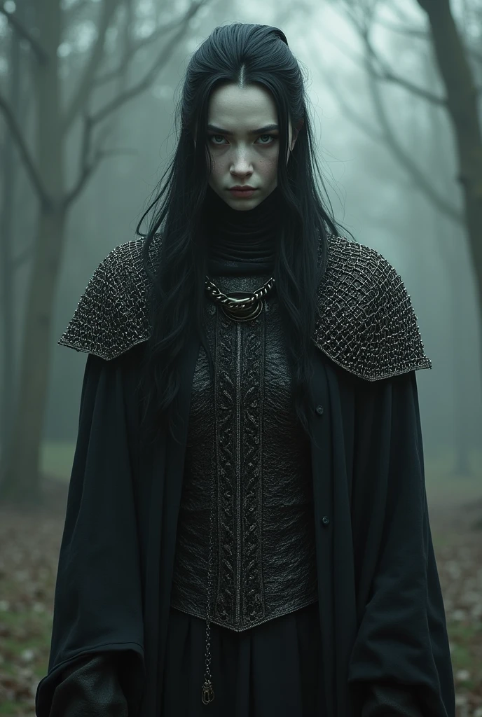 An androgynous warrior, that it is difficult to identify your sex, long dark hair tied with pale skin, expressionless face, and clear eyes, wearing chainmail armor