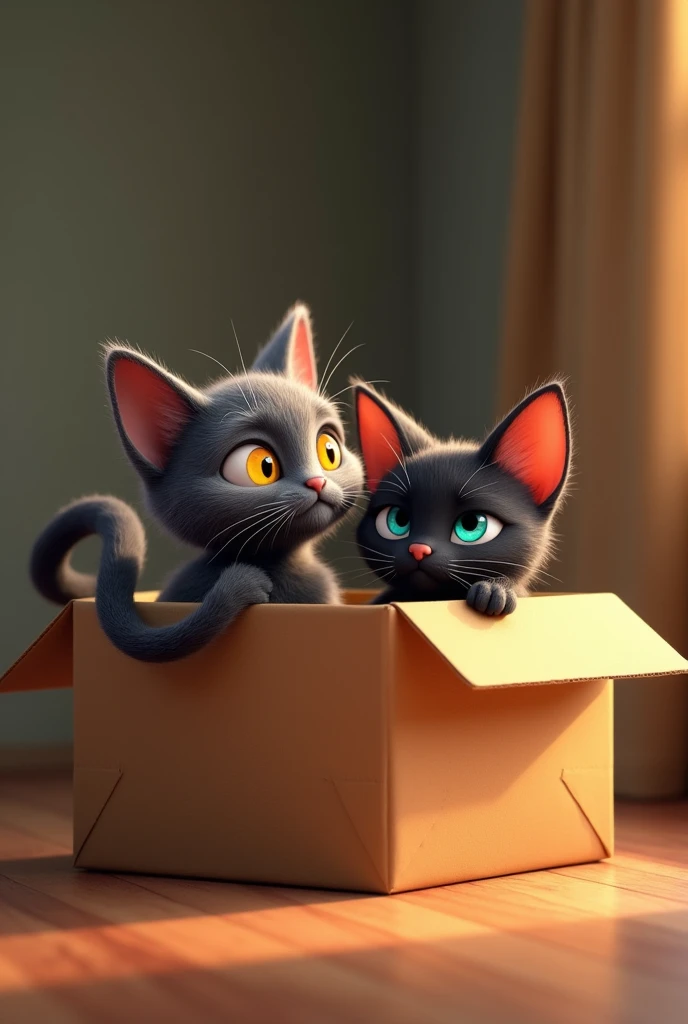two cats inside a brown box with their tails up, a dark gray with yellow eye and a black faced Siamese with blue eye Pixar style