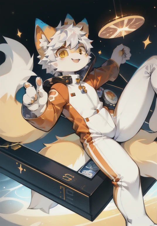 ，A white male cat，Orange fur，White fur，Silver hair，Golden Eyes，Big furry tail，Furry ears，Meat pad，happy，cute，Q version，clothed in space suit，In the universe，Strange environment