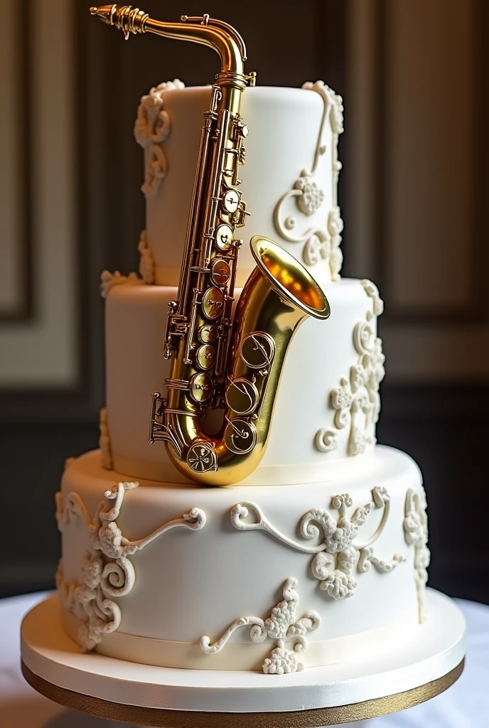 3-tier white and gold cake with music details and a saxophone for men without roses