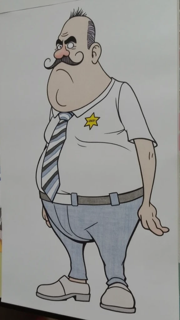 a cartoon guy that is a angry boss, (colorful design:1.4), (Disney style),(pixar style:1.5), bald with a big nose and big mustache,your shirt is white and your pants are blue, he wears a striped tie, has only two hairs, (your nose is pointy and large and goes down from the eyebrow:1.5), (nose references: (Lord Farquaad:1.4),(Sideshow Bob - simpsons),(Nigel Thornberry),(Mr. Crocker:1.3)), their nostrils are hairy and very prominent, her body is small and she has thin legs, your eyebrows are thick and expressive, Your body is shaped like the minions,your little ears are small, its head is elongated and larger than the body, ele usa um cinto e estrela de sheriff, your shoes are well polished