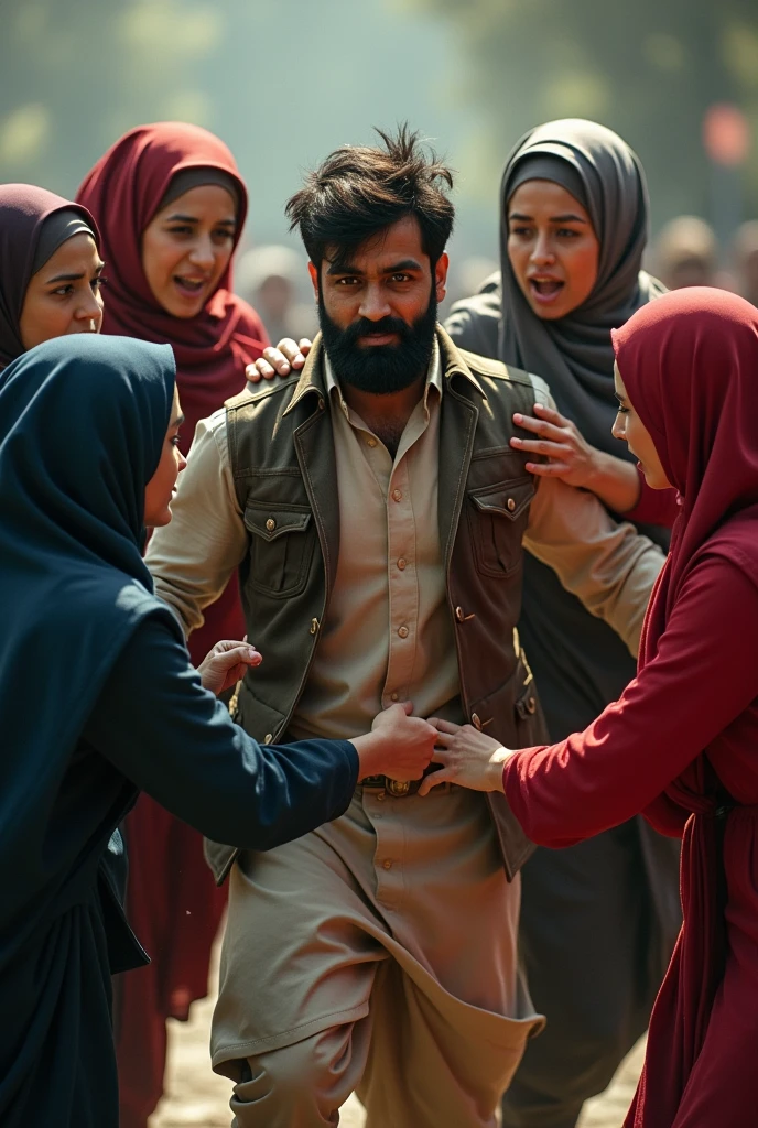 4 women in hijab hitting a man wearing punjabi