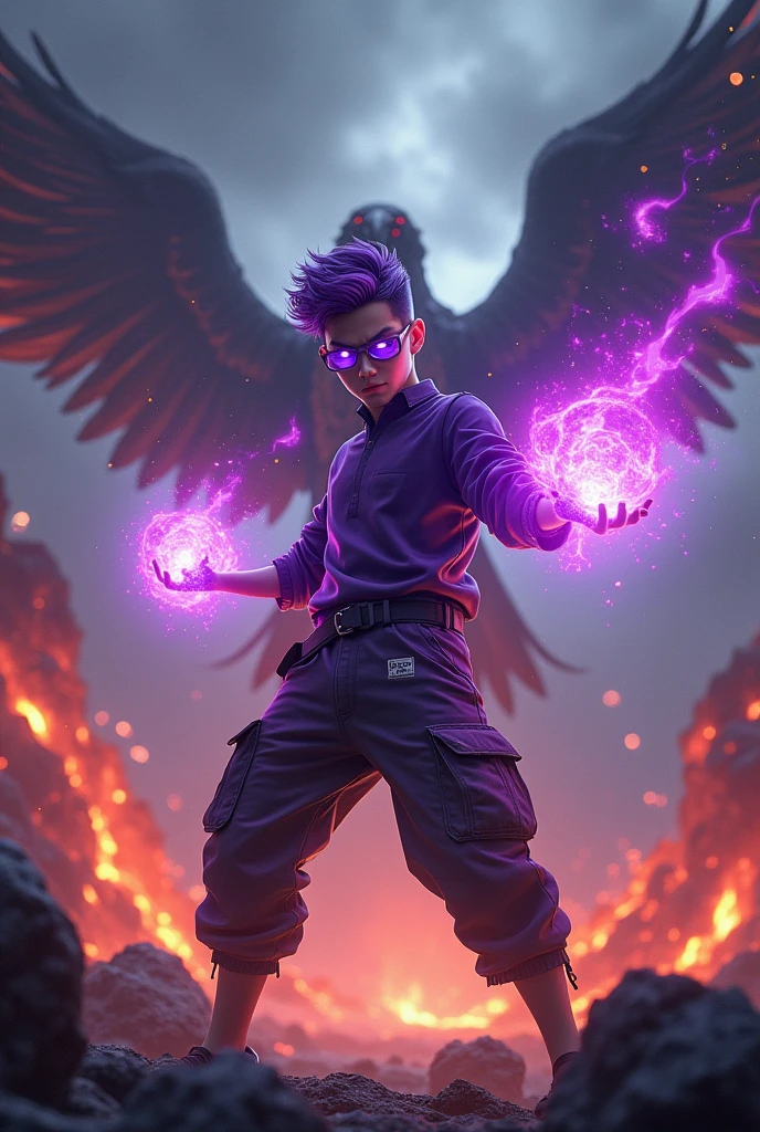 a man real age 14 year old chinese man.(purple glasses) sharp eyes. Anger face. Open mouth. . wearing an (dark purple ) future shirt . anger face.wavy hairstyle purple. Dramatic.. stand on lava ,(dark purple)cargo pant,, detailed face, cinematic lighting, dramatic atmosphere,.hot day. vibrant colors, 8k, high quality, photorealistic. Hero suit.shadow power dark power from his hand. Glowing magic element shadow elment from hand, ember everywhere . Glowing dark purple, shadow logo design on pant . Very strong. Future design dress. Very epic. Very hot background.. dark sky. Very strong . fire very strong . Flying burn dry leave everywhere..Shadow Imitation sharp shape power from hand .rasengan . at volcano Damage building. Floating small rock everywhere.
Shadow Imitation Technique.(( shadow eagle background red eyes))
