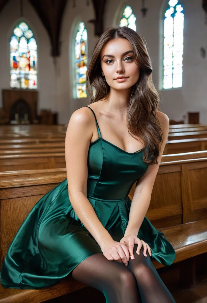 young brunette woman, beautiful eyes. long brown hair. Short A-line strap dress made of shiny dark green satin, Tights, 项链, transparent lip gloss, slender figure, Pretty, 2, Full body photo, long legs, Satin top, Sitting in a church and looking around, looks stunning. is enthusiastic