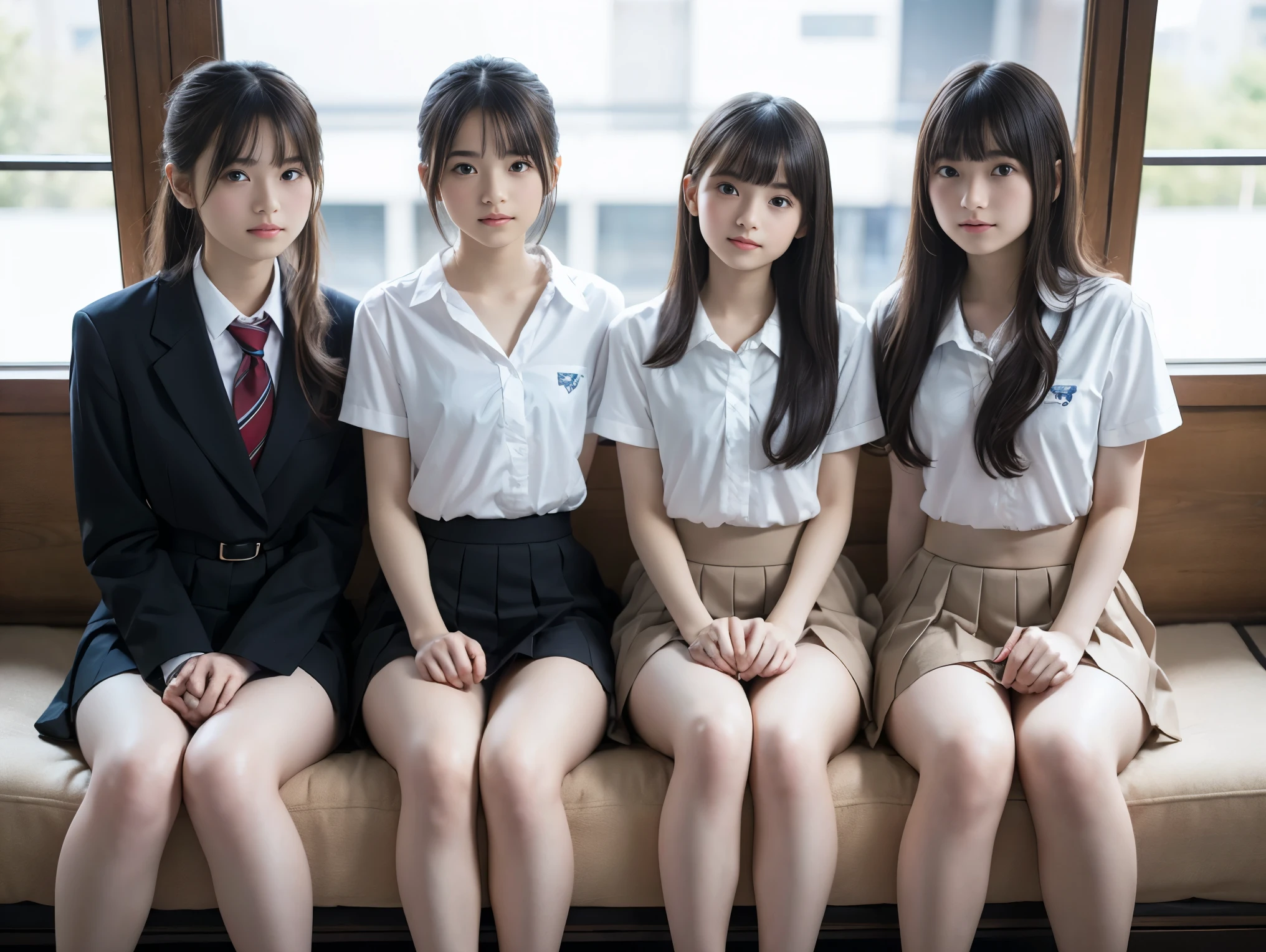 High resolution、High resolution、In 8K、RAW Photos、Highest quality、masterpiece、Two people、18-year-old girl, (Flat chest like:1.2), ((Skinny body:1.2)), Wavy Hair,, Anatomically correct、bangs、Waist、thigh、Japanese high school uniform、Sit with your legs apart