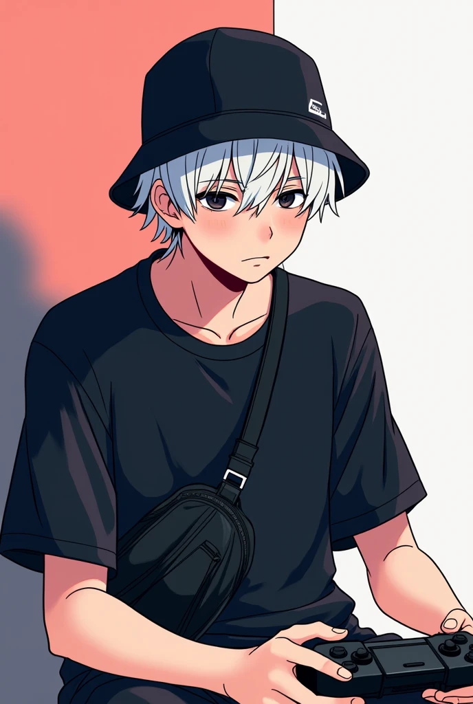 Male, 2d, anime, white hair, black shirt, black eyes, black crossbody bag, idol, black bucket hat, gaming