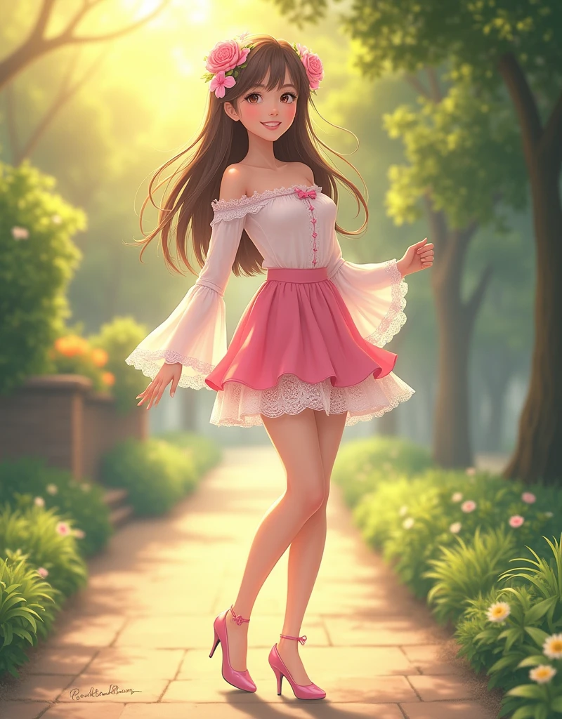 Ultra high quality,High heel,Long legs,Smile,Sunlight,Lace off-the-shoulder,Pink skirt,Wear flowers on your head,student,charming,Ribbon