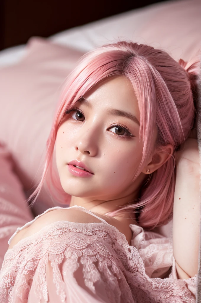 8k, RAW photo, best quality, masterpiece:1.2), (realistic, photo-realistic:1.4), (extremely detailed 8k wallpaper), japanese 20 age woman,Ultra-detailed cute face, Detailed eyes, Double eyelid,chemise, full body,(topknot, Huge breasts :1.2,(pink hair ),Tears mole),View from above,lying on the bed,cute hair