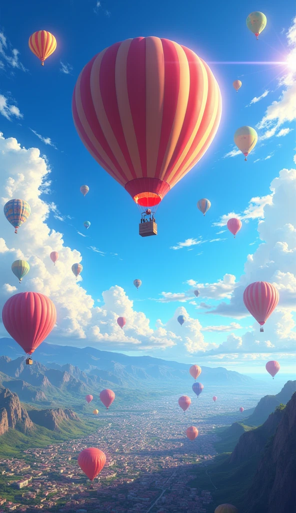 anime inspired Bright Balloons over Urban landscape: A bright many hot air balloons rises above a bustling landscape of bright blue sky with shinng effect and bright sun, with landscape and lights creating a dynamic and energetic backdrop. anime and cinematic. Award winning photography. Advertising photography. Commercial photography --chaos 23 --ar--stylize 750, Hawaii, gta vice style , illustration , reteo comic illustration