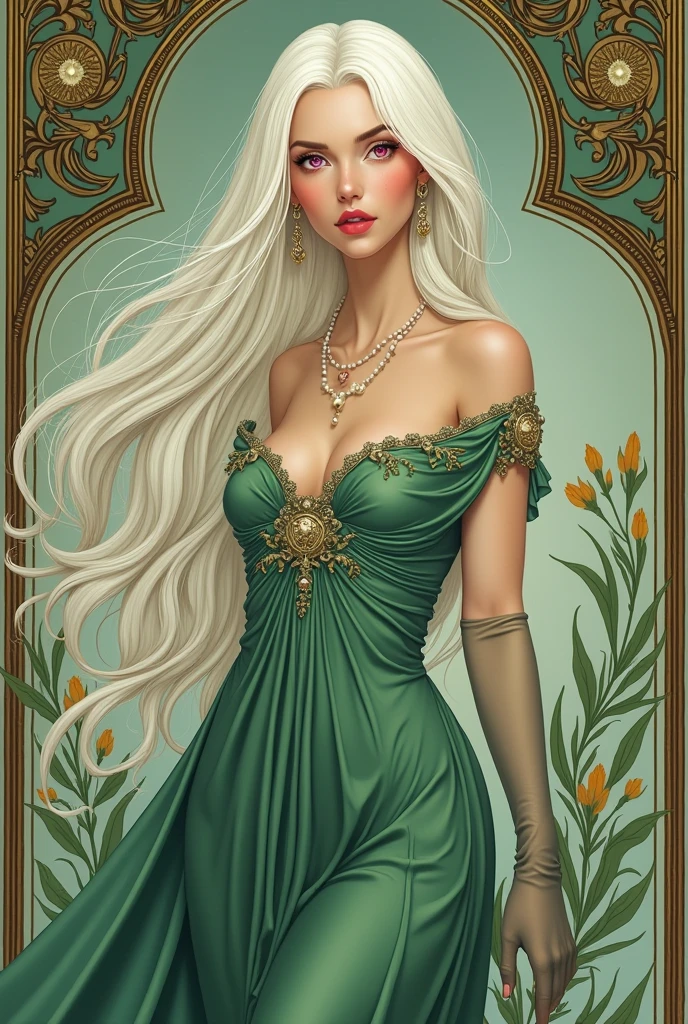 create an image in the Art Nouveau style depicting a 45-year-old woman. She has long, straight white hair and pink eyes, with fair skin. The character wears a beautiful and elegant green dress that accentuates her curves. She is adorned with satin gloves, a pearl necklace, and pearl earrings. Her personality is elegant, polite, clever, intelligent, dedicated, and kind. I would like the image to include arabesque elements that match the character's description and the Art Nouveau style. 