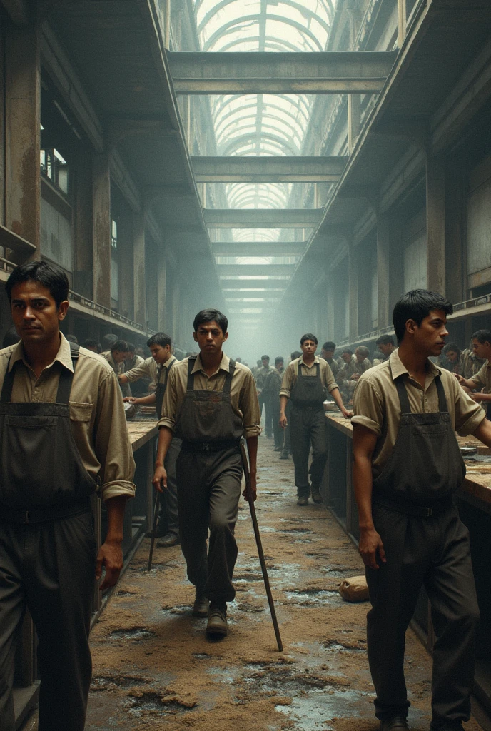Create a realistic image of a bustling factory where numerous workers are engaged in intense and tiring labor. The scene should depict a large, industrial setting filled with machinery and production lines. Show the workers actively involved in their tasks, with expressions of fatigue and determination on their faces. Their clothing should be visibly dirty and stained from the hard work. Include details such as tools, raw materials, and the industrial environment to emphasize the demanding nature of the work. Use subdued lighting and gritty textures to highlight the exhaustion and strenuous conditions faced by the workers.