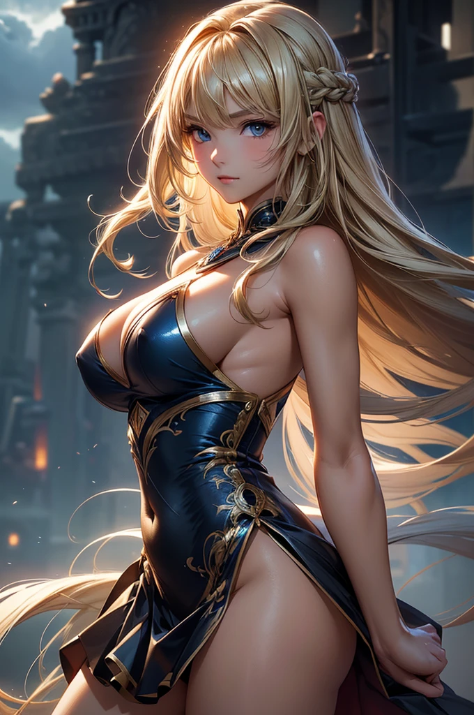 ((masterpiece, best quality, ultra-detailed, high resolution, extremely detailed CG, super detailed, Most beautiful clean lighting)), 1 girl, give a faint smile, Half Japanese, Multiple long drill hair, Large amount of hair, curly hair in vertical rolls, shiny blonde Long hair, Beautiful blue eyes, Elegant, Not tall, slim body, slender hips, Beautiful lady, huge breasts, Fantasy worlds, wind worlds, yingling dresses, tornadoes, storms.