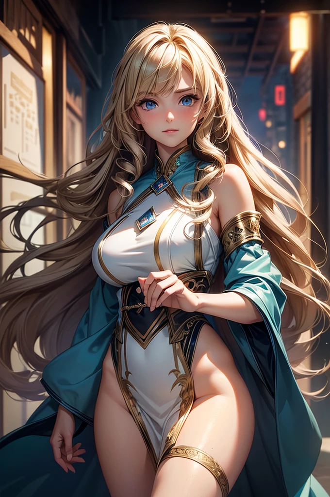 ((masterpiece, best quality, ultra-detailed, high resolution, extremely detailed CG, super detailed, Most beautiful clean lighting)), 1 girl, give a faint smile, Half Japanese, Multiple long drill hair, Large amount of hair, curly hair in vertical rolls, shiny blonde Long hair, Beautiful blue eyes, Elegant, Not tall, slim body, slender hips, Beautiful lady, huge breasts, Fantasy worlds, wind worlds, yingling dresses, tornadoes, storms.