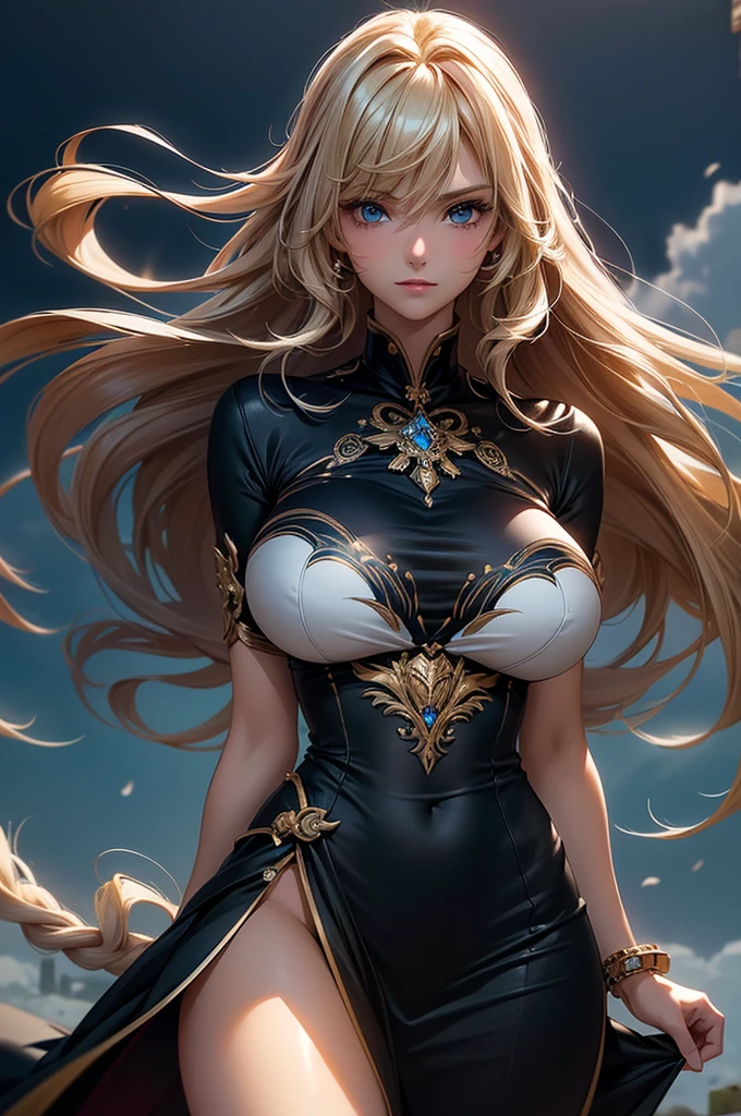 ((masterpiece, best quality, ultra-detailed, high resolution, extremely detailed CG, super detailed, Most beautiful clean lighting)), 1 girl, give a faint smile, Half Japanese, Multiple long drill hair, Large amount of hair, curly hair in vertical rolls, shiny blonde Long hair, Beautiful blue eyes, Elegant, Not tall, slim body, slender hips, Beautiful lady, huge breasts, Fantasy worlds, wind worlds, yingling dresses, tornadoes, storms.