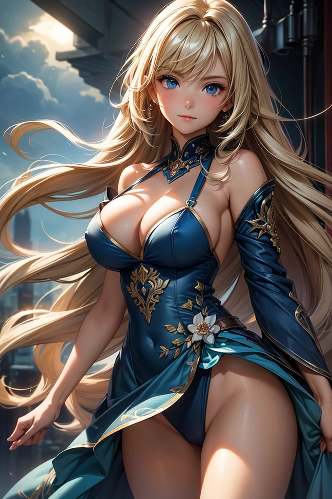 ((masterpiece, best quality, ultra-detailed, high resolution, extremely detailed CG, super detailed, Most beautiful clean lighting)), 1 girl, give a faint smile, Half Japanese, Multiple long drill hair, Large amount of hair, curly hair in vertical rolls, shiny blonde Long hair, Beautiful blue eyes, Elegant, Not tall, slim body, slender hips, Beautiful lady, huge breasts, Fantasy worlds, wind worlds, yingling dresses, tornadoes, storms.
