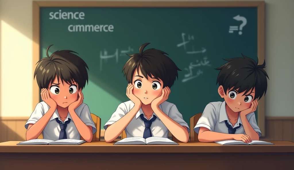 3 boy student ek table per class me bethe hai aursabhi gaal per hath rake hai aur kuch soch rahe hai aur inkge upar text me science Commerce Arts likha hoin anime image creat Indian environment
