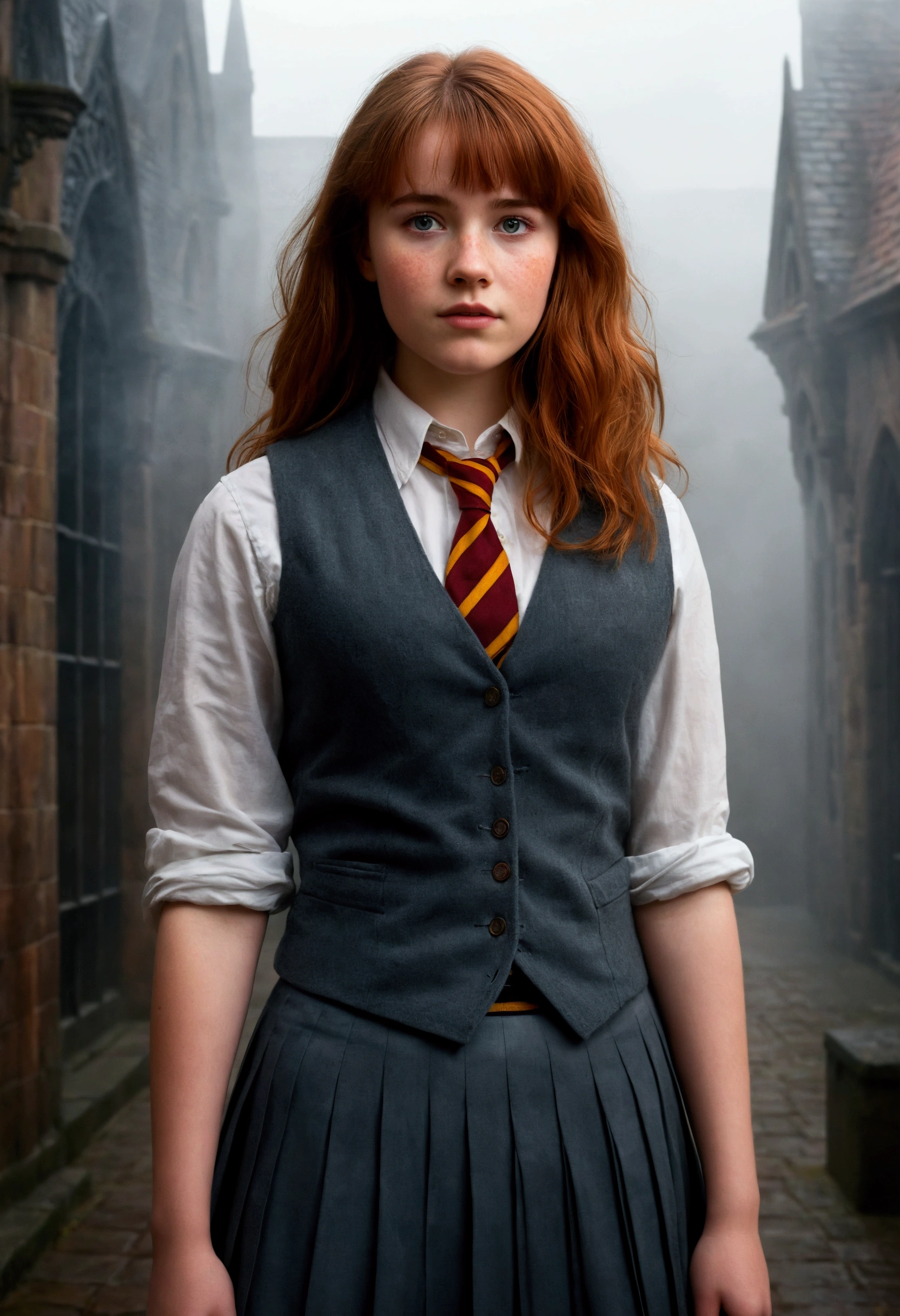 An illustrated movie poster, hand-drawn, full color, a teenage Hogwarts student, 18-years-old, female, wearing a charcoal vest and a pleated skirt, athletic hourglass figure, busty bosoms, full wide hips, massive round butt, long shapely legs, ridiculously thick powerful thighs, vibrant eyes, red auburn hair, thick shaggy bangs, flushed sun-kissed complexion, freckles, resembles Willa Fitzgerald, standing in a foggy Hogwarts courtyard, surrounded by mist, graphite shading, stencil marks, airbrushed acrylic paint, masterpiece, close-up shot, in the style of the Deathly Hallows