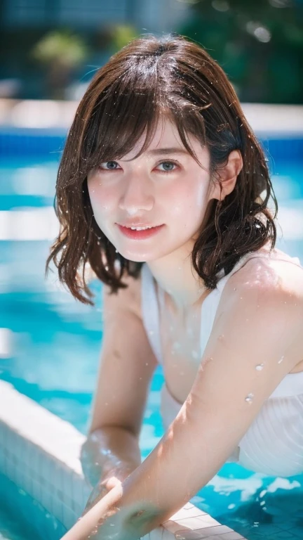 Swimwear, ワンピースSwimwear, (((とてもエレガントでbeautiful, Perfect detail, Very detailed))), whole body, The most detailed girl, Written boundary depth, 美しくdetailedなwhole body, Thin legs, 1 person, 18-year-old, Large Breasts、 Very short hair, Spiked Hair, Gray and silver hair, beautiful detailed hair, Perfect Face, Expressionless, beautiful, detailed, Deep Eyes, Open your mouth a little, Delicate arms and hands, Pale skin,Portrait Shot、Looking at the audience、Spread your legs、Outdoor swimming pool、Wet Skin、 ((Random sexy poses、put in、Deep joy, Ecstatic Eyes:1.2)),Colorful background, HD background, Blurred Background, とても繊細でbeautiful, masterpiece, (((Highest quality, とてもbeautiful8K CG壁紙))), (((Trendy hairstyles))), (Seaside Background),
