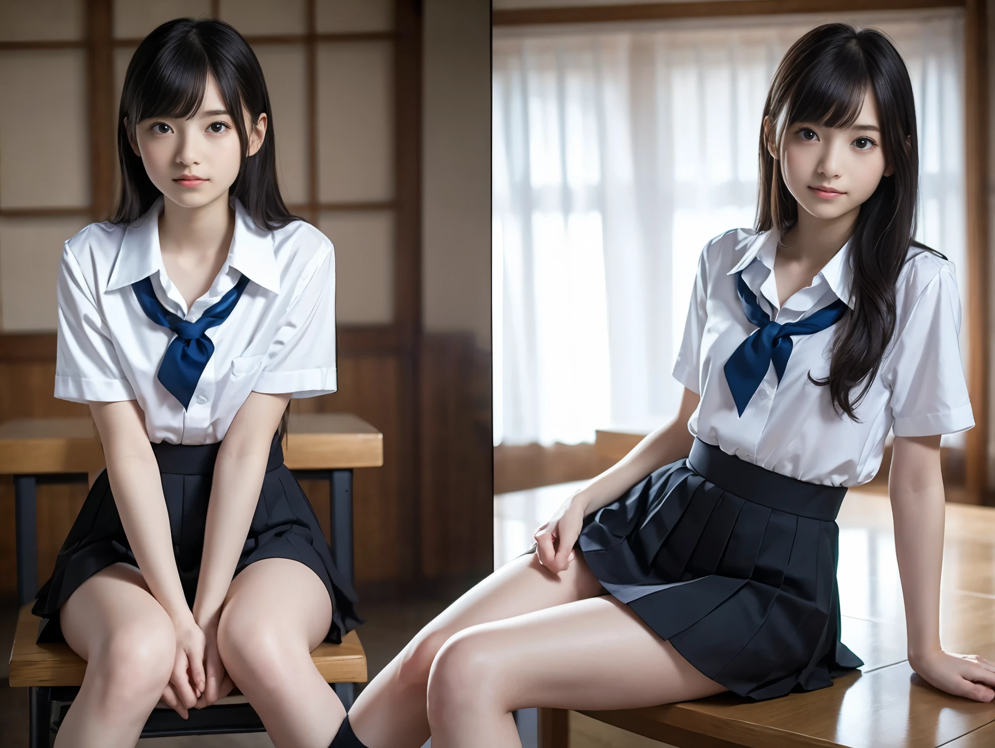 High resolution、High resolution、In 8K、RAW Photos、Highest quality、masterpiece、Two people、18-year-old girl, (Flat chest like:1.2), ((Skinny body:1.2)),  Wavy Hair,, Anatomically correct、bangs、Waist、thigh、Japanese high school uniform、Sit with your legs apart