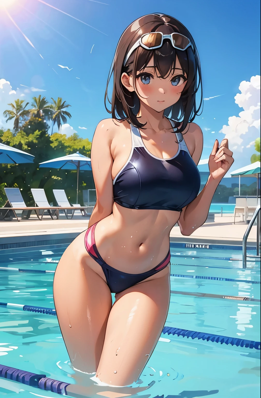 Draw a high quality and good definition image of a mature (older) female anime character who was found in a water park, the character is also holding with her fingertips her ass is about 30 years old, with long black hair, shiny and silky that reaches to the middle of the back with her ponytail,  smiling with her cheeks slightly pink with a slight blush on her cheeks. She could be wearing an attractive bikini, which values her beautiful body, her beautiful curves, her big ass, slim waist, wide hips