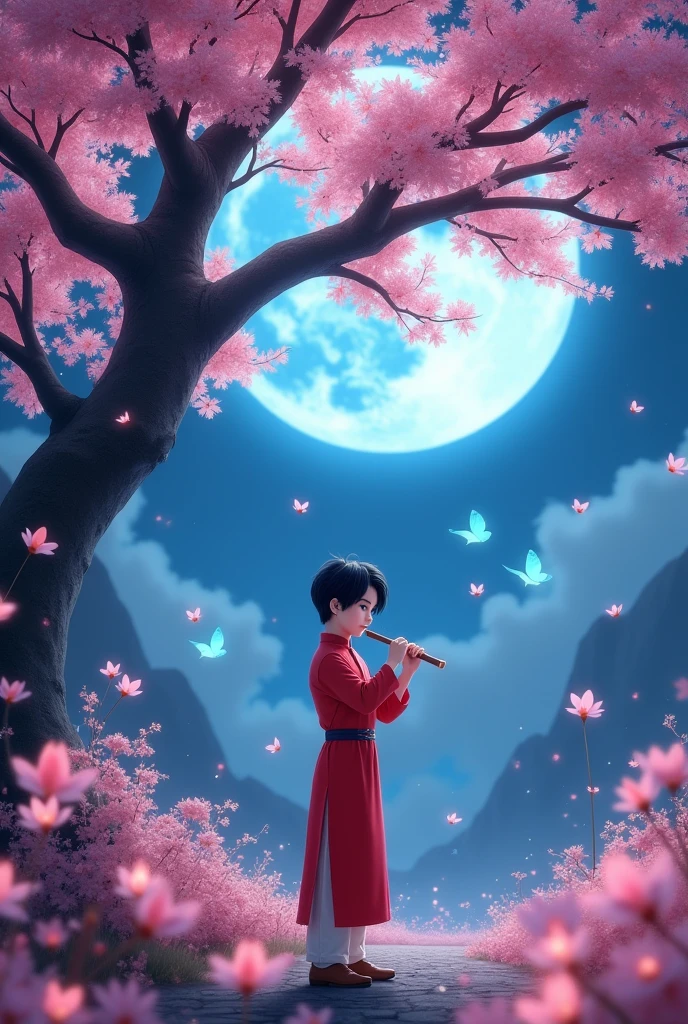 (best quality)), ((masterpiece)), (detailed), a handsome and cute tall white skin tone asian boy with thick stylish black hair, light pink lips
"A realistic wonderland valley full of glowing flowers, glowing butterflies and big sakura tree and under the shade of tree standing a handsome boy in red traditional chinese dress playing flute nighttime scenerio under bluemoon full picture