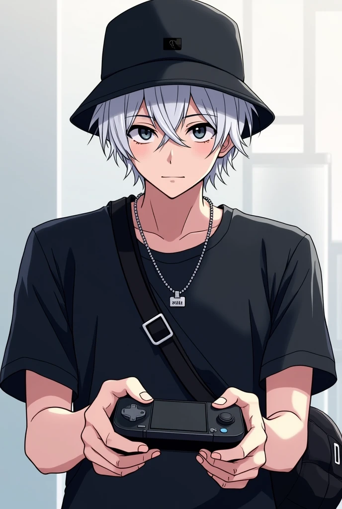 Male, 2d, anime, white hair, black shirt, black eyes, black crossbody bag, idol, black bucket hat, gaming