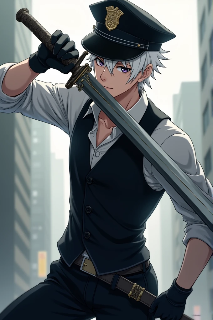 A anime boy with a long sword, hệ wear vest, black pant and a black police hat, hệ have white hair