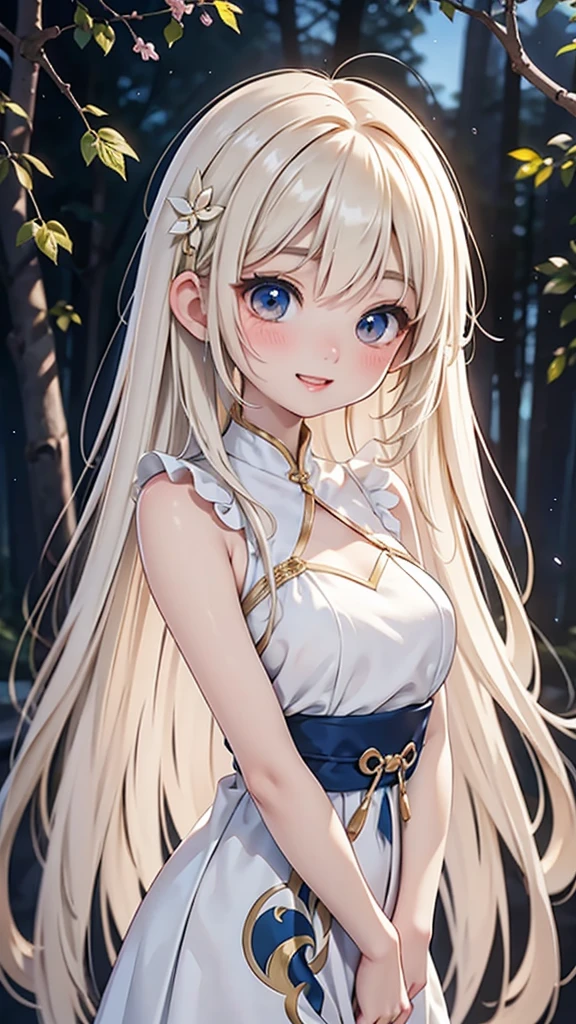 European woman in her late 20s、Anime style illustrations。Short, young and beautiful、Fair skin。A bright and warm smile。My eyes are a little narrower、The cheeks are plump and puffy。The corners of the mouth naturally rise、Teeth are slightly visible。Faint laugh lines at the corners of the eyes。Overall soft、A friendly expression。Short, young and beautiful、Long bright golden white hair。Slender and slim figure。She is wearing an elegant dress like a fairy。The background is a night forest。The overall atmosphere is delicate and dreamy.。High quality digital art。