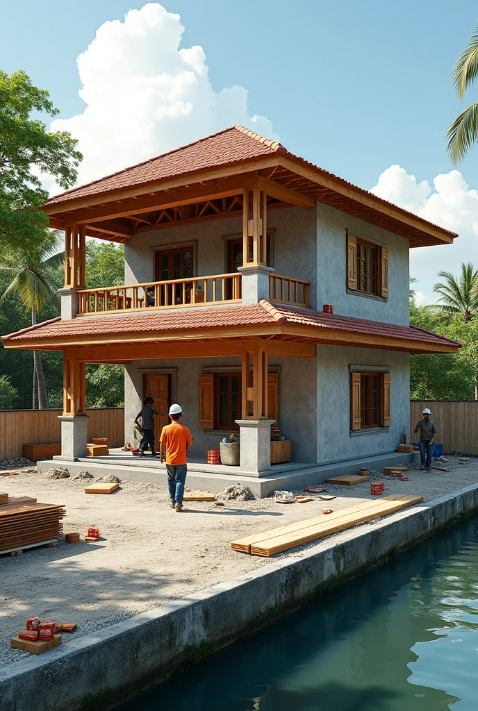 Construction section of a 2-story house with a colonial tile roof on a truss by a canal road 