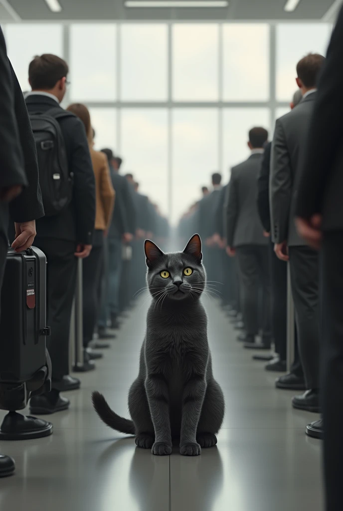 Black grey white cat waiting in airport queue with one bag and passport in hand. only one cat and rest humans