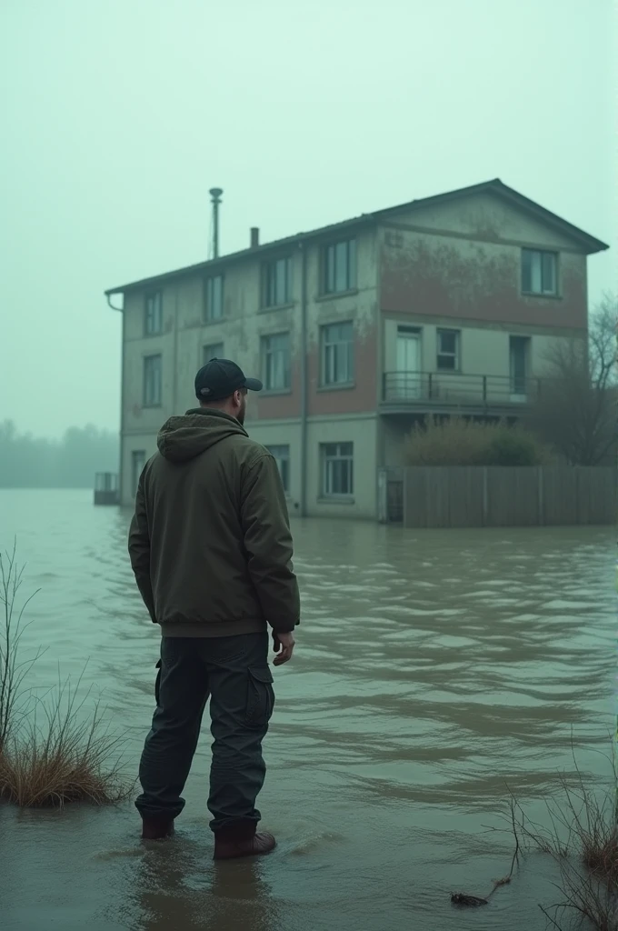 A man standing a building near by flood