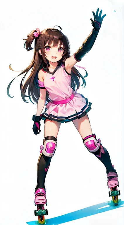 Highest quality、Smiling junior high school girl、((Dark brown long hair、Two Side Up))、((((High resolution、High quality pink inline skates 、Knee and elbow protectors))))、Cute pose、Round droopy eyes