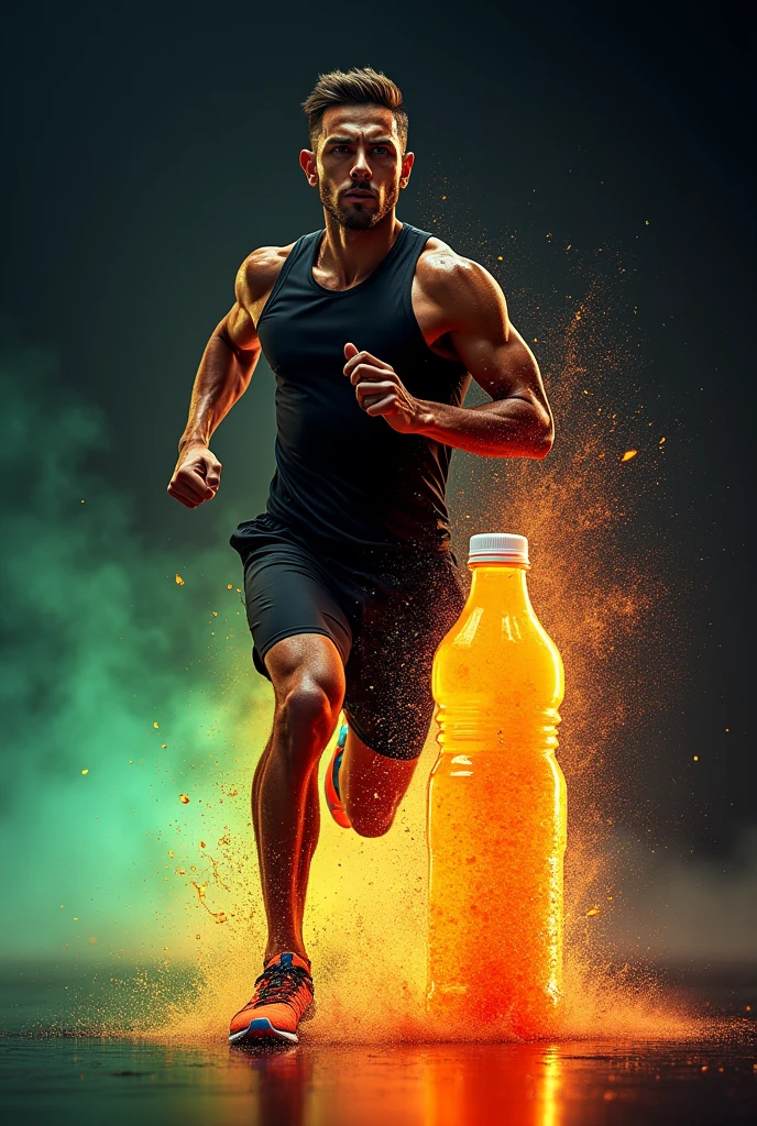 Imagine a vibrant advertising poster for an isotonic drink called "Energize Plus". En el centro de la imagen, there is an athlete in full action, like a runner in the home stretch of a marathon. The athlete, a young man in excellent physical shape, is sweating heavily, with an expression of determination and focus, Correndo em alta velocidade. He wears modern, tight-fitting sportswear., black in color, that contrast with the dark background of the image.

Next to the corridor, in the spotlight, there is a bottle of "Energize Plus" only that  "Energize Plus" written on it, it is transparent with bright orange liquid, radiating energy and vitality. The bottle looks almost illuminated, with drops of water running down the outside, conveying the idea of freshness.

The background is dark, with colors ranging from black to gray, making the vibrant colors of the isotonic and the athlete stand out. There is an explosion of colors, as orange, yellow and green, radiating from the bottle, symbolizing the revitalization and energy that the product offers.

