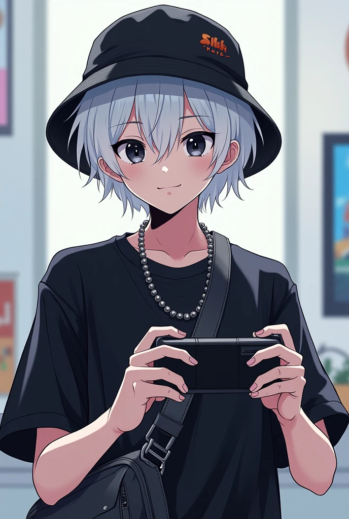Male, 2d, anime, white hair, black shirt, black eyes, black crossbody bag, idol, black bucket hat, gaming