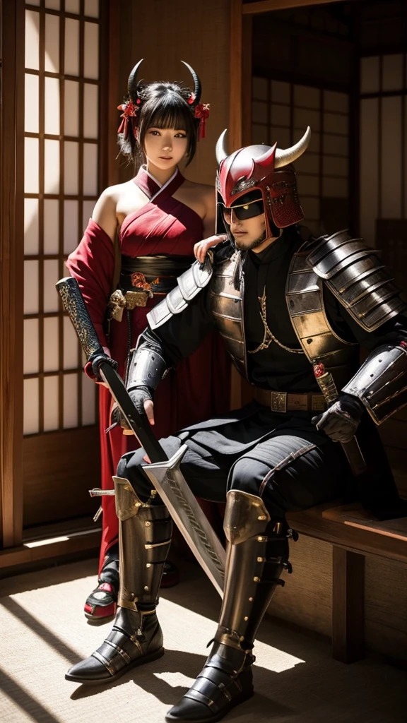 A demon wearing Japanese armor is standing with a Japanese sword, and a beautiful girl is sitting next to him.