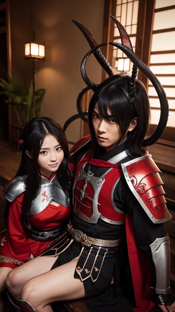 A demon wearing Japanese armor is standing with a Japanese sword, and a beautiful girl is sitting next to him.