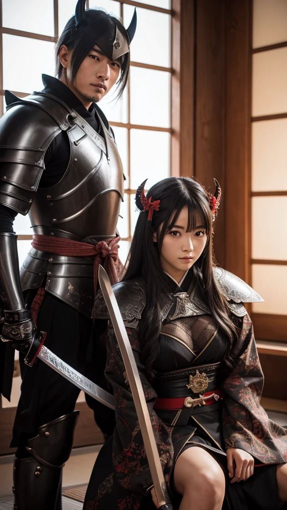 A demon wearing Japanese armor is standing with a Japanese sword, and a beautiful girl is sitting next to him.