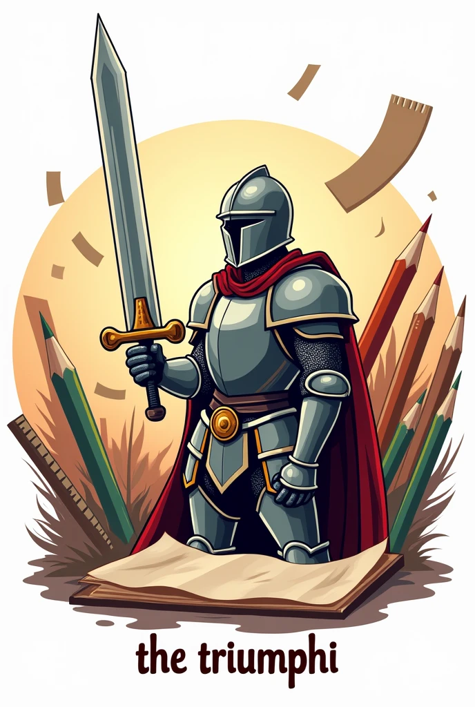 Logo with a round shape and that has a knight holding a pencil as a sword with utensils such as pencils in the background, rulers and sheets of paper and that below has the name "the triumph" in the Spanish language 