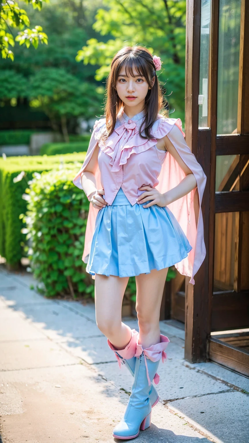 (8k、RAW Photos、Highest quality、masterpiece:1.2)、(Realistic、Realistic)、1 person、((Light blue and pink、garden、Frills、Cape、mini skirt、Thin legs、whole body、boots、View from the front、Looking into the camera、Stand with hands on hips))、cute