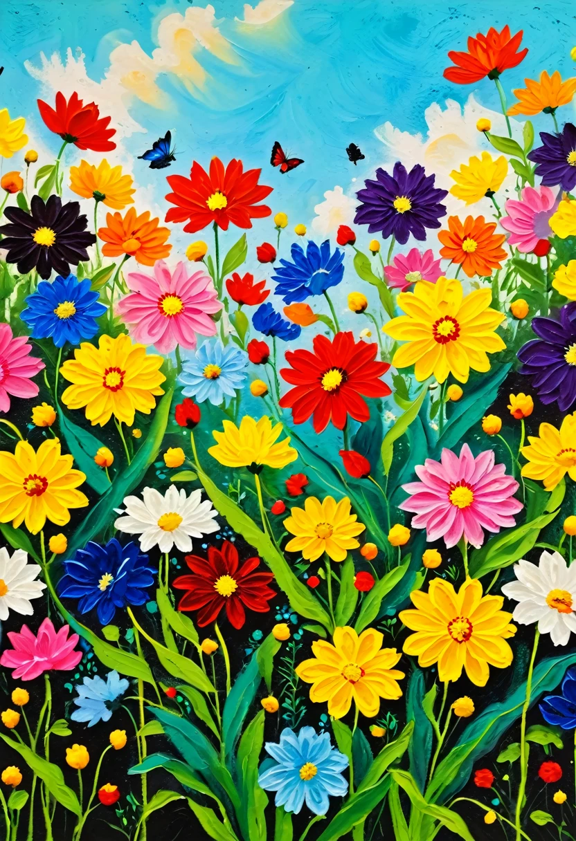 A painting:(((Colorful black,Chalk painting,Oil stick painting,flight,Thick coating,Uneven texture,Plaster texture,Graffiti)))。
there are many different colored flowers in a flower bed, more and more flowers, chrysanthemums, chrysanthemum and hyacinth, colourful flowers, flowers and stems, flowers and plants, chrysanthemum and tulips, lots of flowers, bouquets, dahlias, wilted flowers, bursts of color, beautiful flowers, herbs and flowers