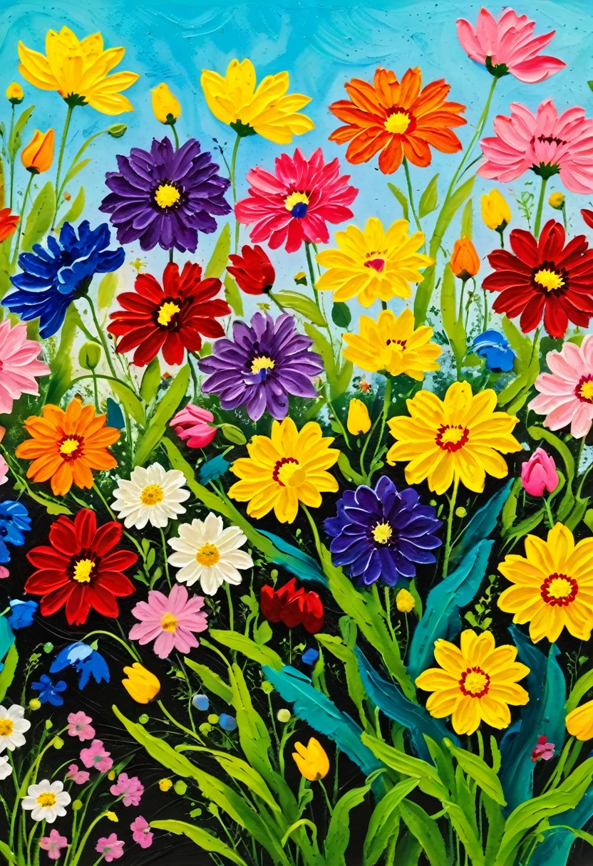 A painting:(((Colorful black,Chalk painting,Oil stick painting,flight,Thick coating,Uneven texture,Plaster texture,Graffiti)))。
there are many different colored flowers in a flower bed, more and more flowers, chrysanthemums, chrysanthemum and hyacinth, colourful flowers, flowers and stems, flowers and plants, chrysanthemum and tulips, lots of flowers, bouquets, dahlias, wilted flowers, bursts of color, beautiful flowers, herbs and flowers