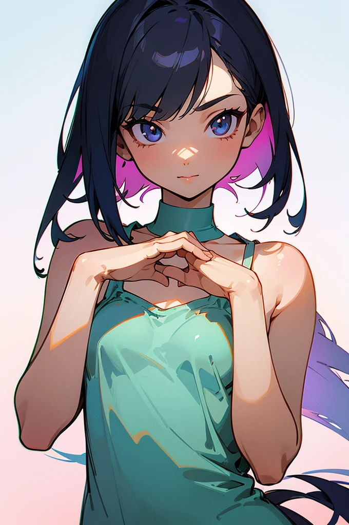 (Super detailed illustration), [standing picture, upper body, close-up of girl:0.4], slim body, perfect body, camisole, gradient background, anime character, character design, perfect hands, (cute girl:1.1),