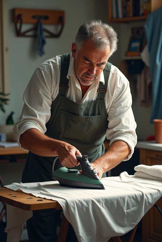 A man ironing the cloth