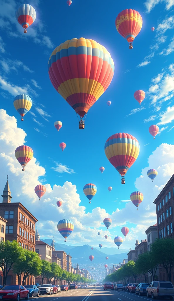 anime inspired Bright Balloons over Urban landscape: A bright many hot air balloons rises above a bustling landscape of bright blue sky with shinng effect and bright sun, with landscape and with beautiful trees lights creating a dynamic and energetic backdrop. anime and cinematic. Award winning photography. Advertising photography. Commercial photography --chaos 23 --ar--stylize 750, Hawaii, gta vice style , illustration , reteo comic illustration (brokeh effect)(glowing fireflies)