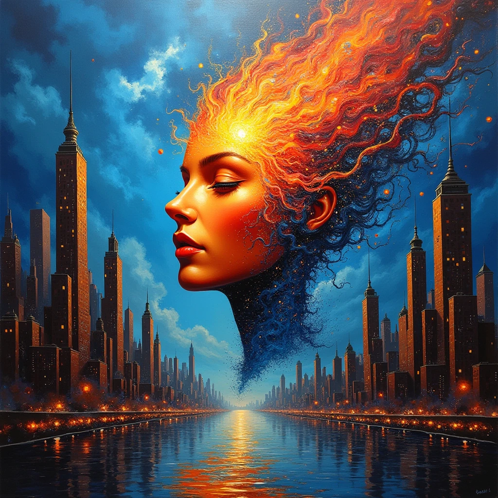 abstract face in a cityscape, a photorealist painting by Mark English , [:anime line art:0.2], celestial and themed Heat and Thunder and Water, epic art , auto-destructive art, , abstrato