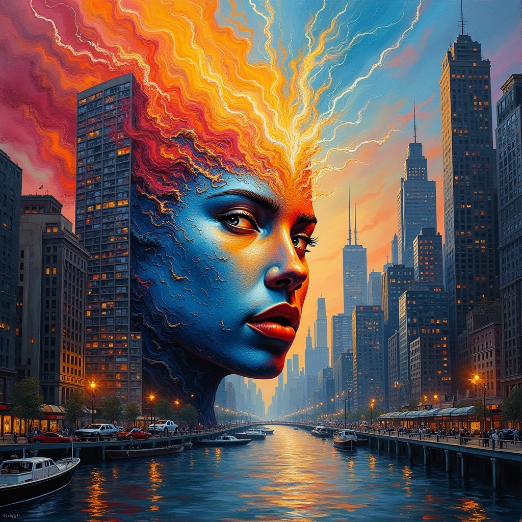 abstract face in a cityscape, a photorealist painting by Mark English , [:anime line art:0.2], celestial and themed Heat and Thunder and Water, epic art , auto-destructive art, , abstrato