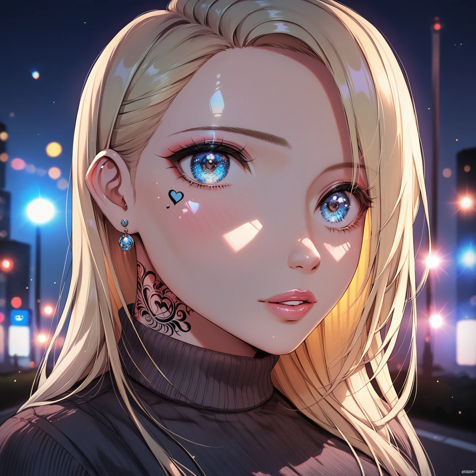 Princesa Peach, 1 woman, blue eyes, straight blonde hair, long hair over her breasts, Street clothes, Black low cut sweater, neon tattoos, Science fiction. futurist, evening, dark, sensual body. Leggy eyelashes, Detailed face, beautiful face, sensual. Susadera, hood.